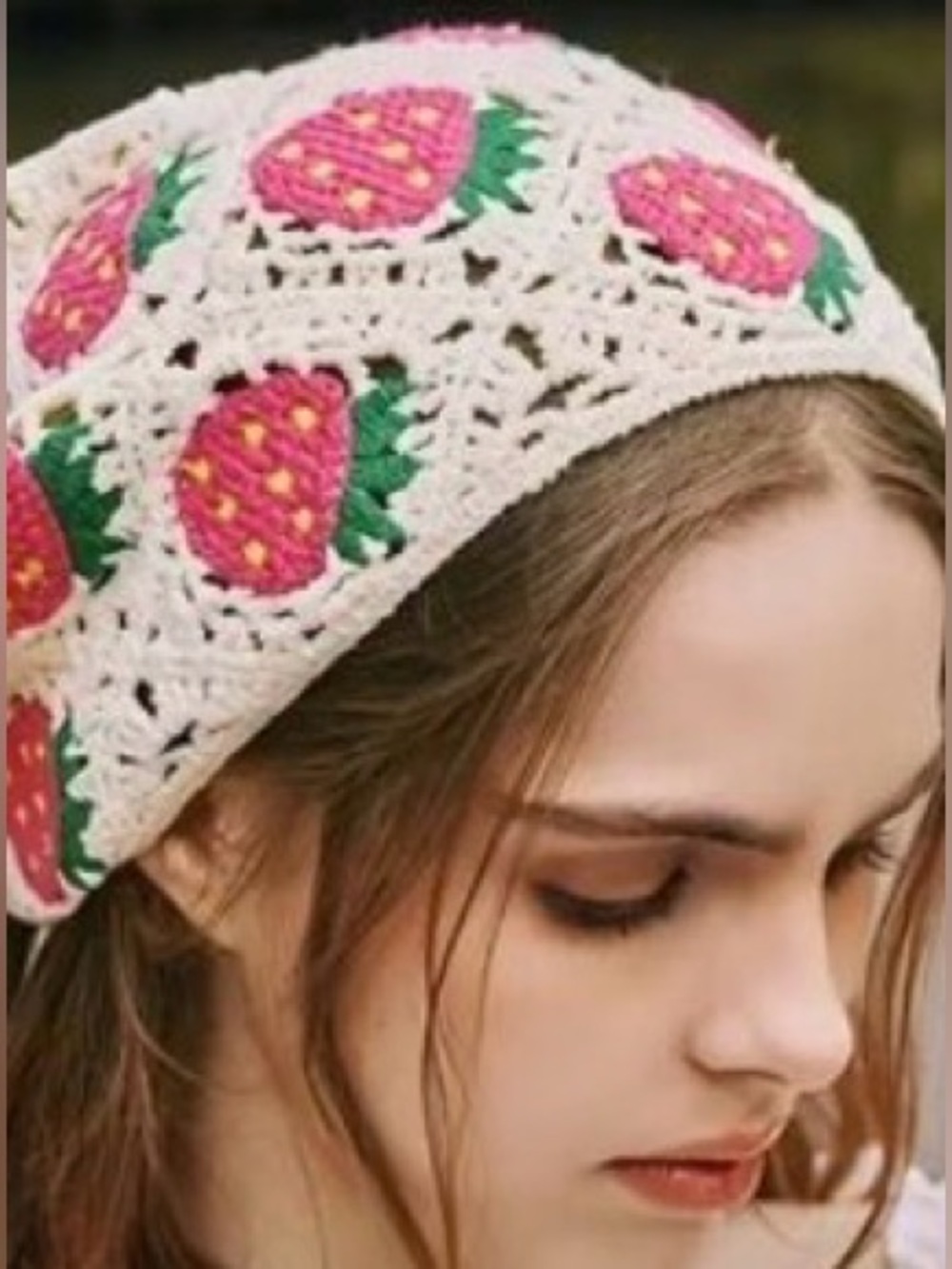 Sunday State Crochet Strawberry Tie Headscarf - Cream with Pink Strawberries